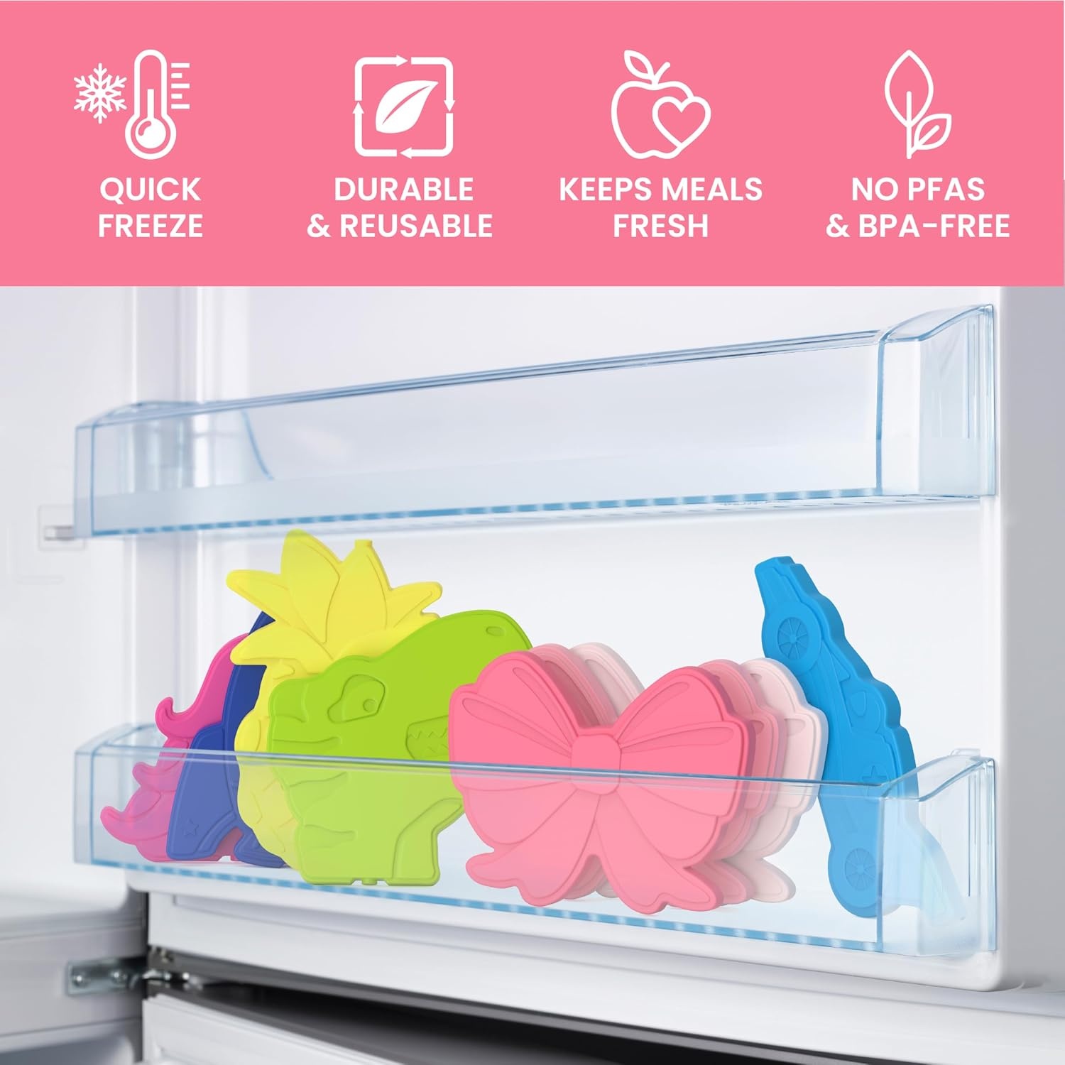 image:imageBentgo Buddies Reusable Ice Packs for Kids  Slim Design for Lunch Boxes Lunch Bags and Coolers Quick Freeze PFAS and BPAFree Multicolored 4Pack DinosaurBallet  Bows