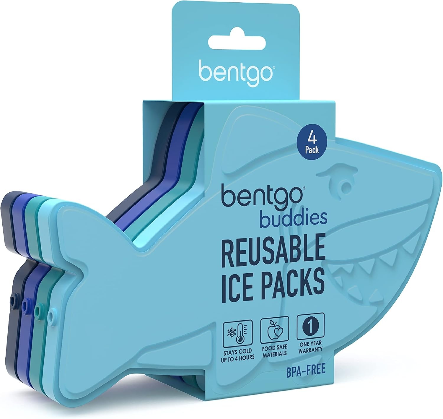 image:imageBentgo Buddies Reusable Ice Packs for Kids  Slim Design for Lunch Boxes Lunch Bags and Coolers Quick Freeze PFAS and BPAFree Multicolored 4Pack DinosaurShark