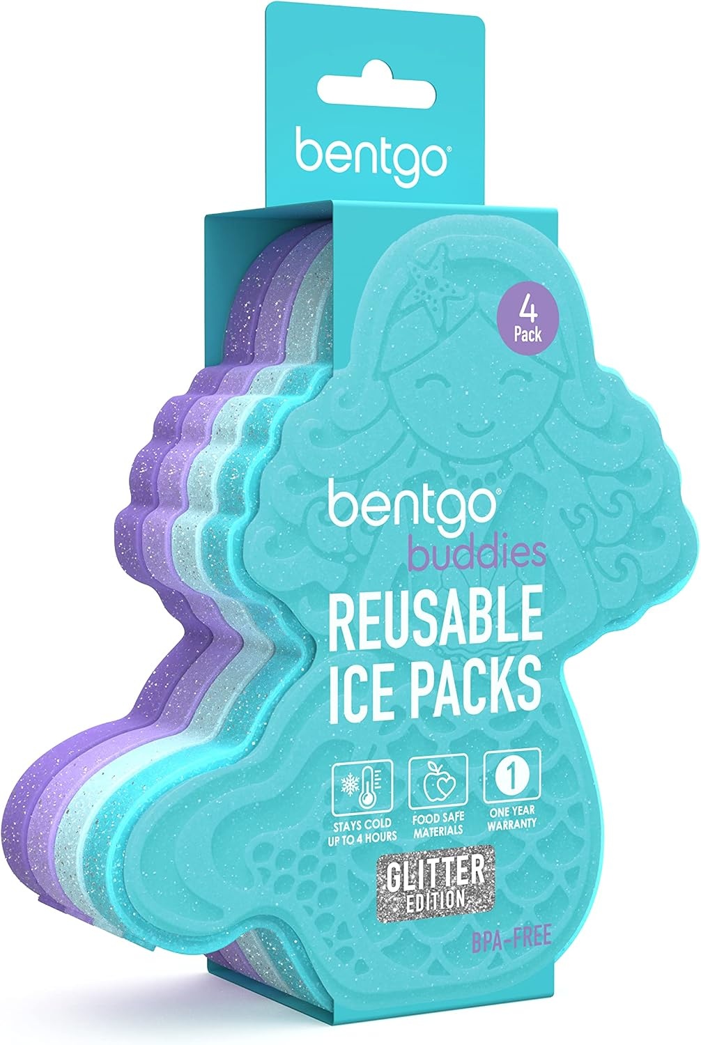 image:imageBentgo Buddies Reusable Ice Packs for Kids  Slim Design for Lunch Boxes Lunch Bags and Coolers Quick Freeze PFAS and BPAFree Multicolored 4Pack DinosaurGlitter Edition  Mermaid
