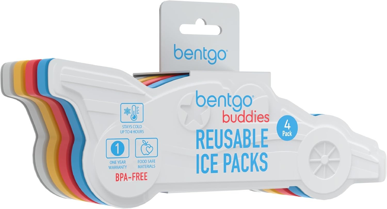 image:imageBentgo Buddies Reusable Ice Packs for Kids  Slim Design for Lunch Boxes Lunch Bags and Coolers Quick Freeze PFAS and BPAFree Multicolored 4Pack DinosaurRace Cars