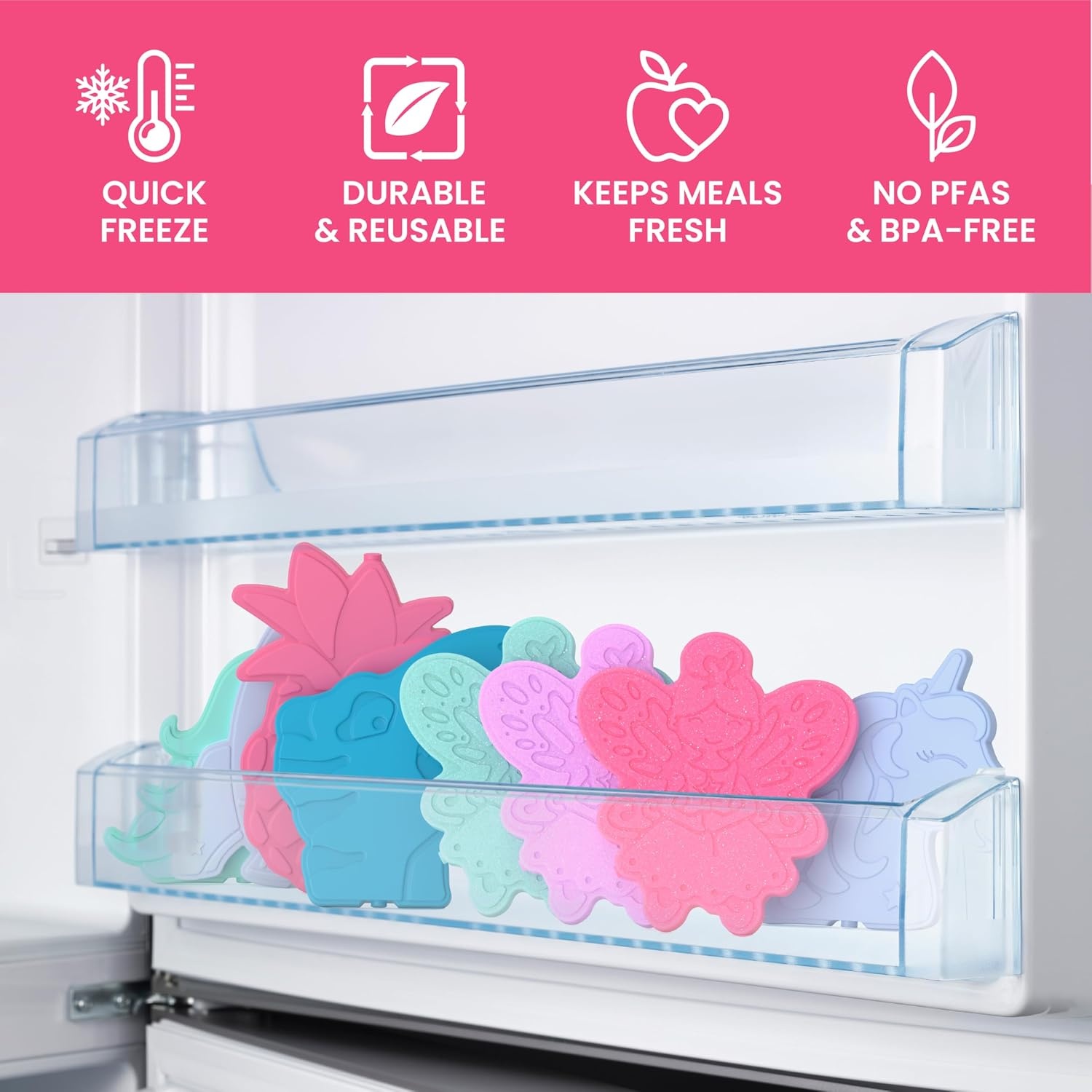 image:imageBentgo Buddies Reusable Ice Packs for Kids  Slim Design for Lunch Boxes Lunch Bags and Coolers Quick Freeze PFAS and BPAFree Multicolored 4Pack DinosaurGlitter Edition  Fairy