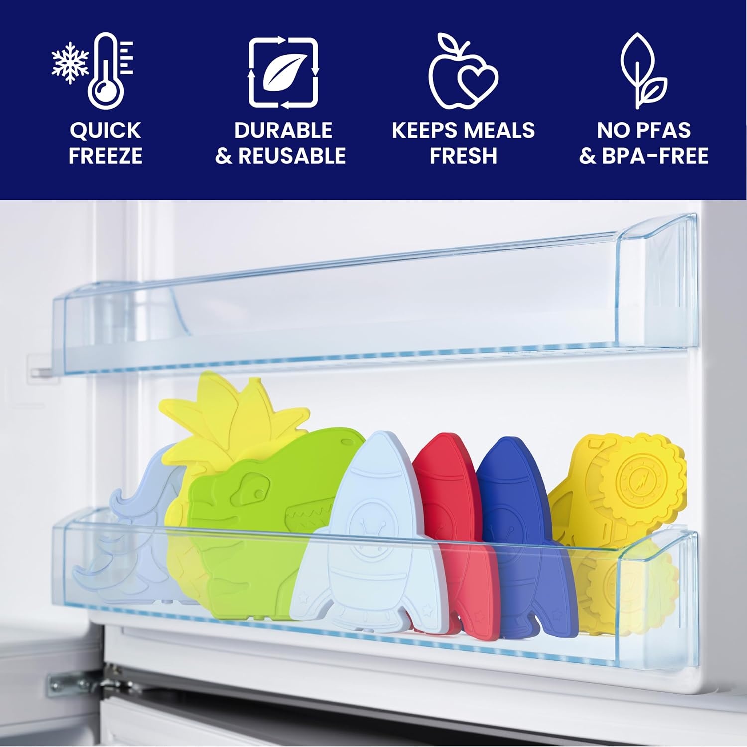 image:imageBentgo Buddies Reusable Ice Packs for Kids  Slim Design for Lunch Boxes Lunch Bags and Coolers Quick Freeze PFAS and BPAFree Multicolored 4Pack DinosaurRocket