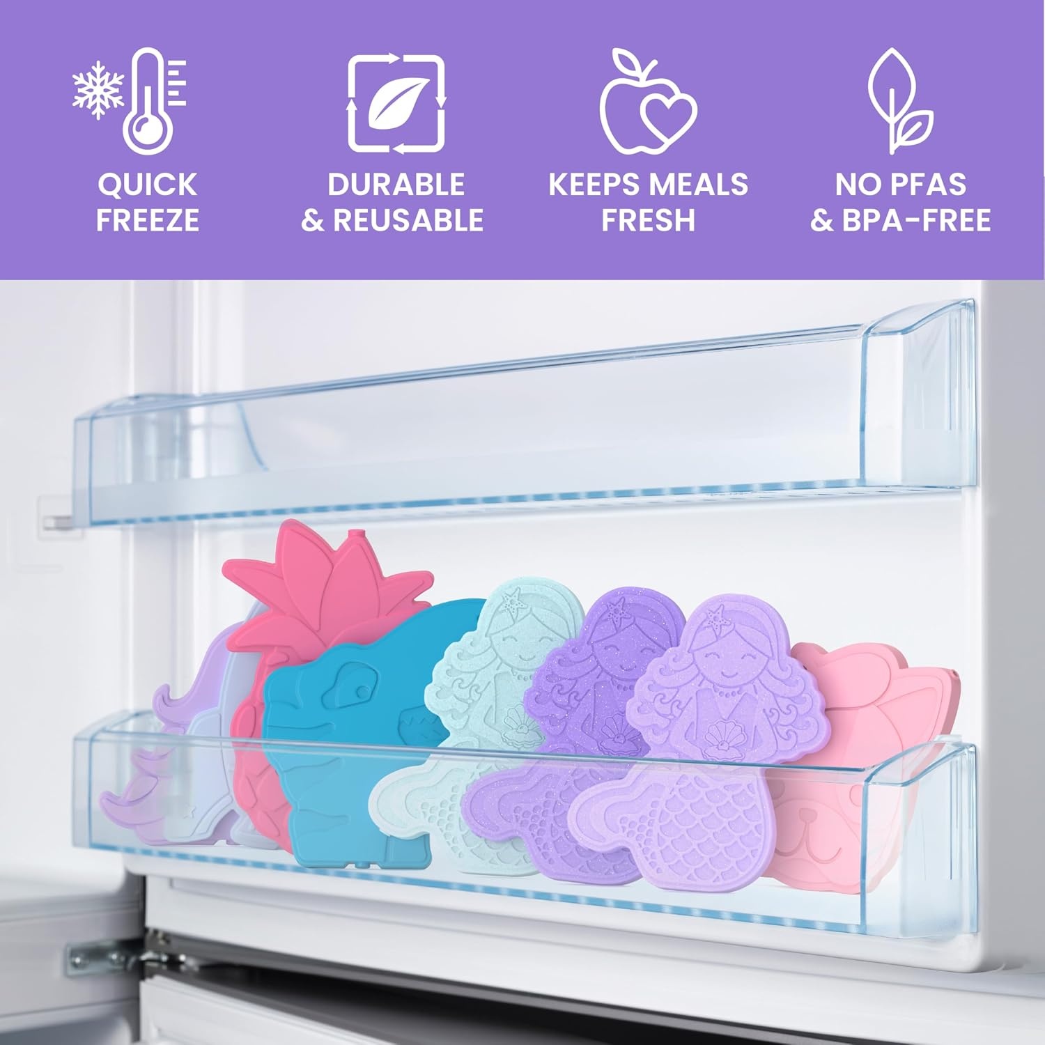 image:imageBentgo Buddies Reusable Ice Packs for Kids  Slim Design for Lunch Boxes Lunch Bags and Coolers Quick Freeze PFAS and BPAFree Multicolored 4Pack DinosaurGlitter Edition  Mermaid