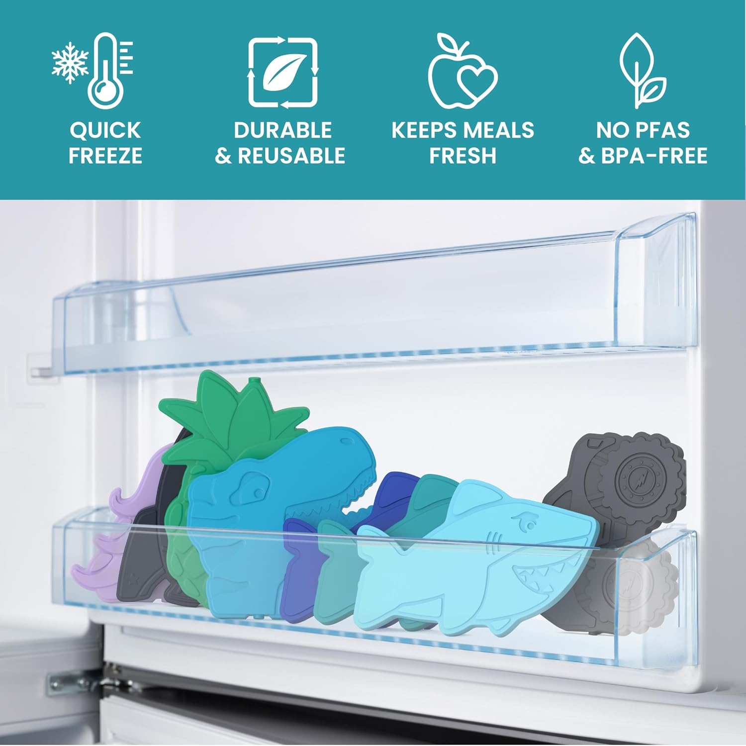 image:imageBentgo Buddies Reusable Ice Packs for Kids  Slim Design for Lunch Boxes Lunch Bags and Coolers Quick Freeze PFAS and BPAFree Multicolored 4Pack DinosaurShark