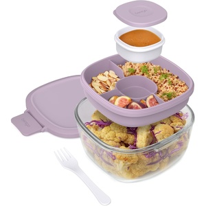 image:imageBentgo Glass Salad Container with Airtight Lid amp LeakProof Sauce Cup  76Cup Salad Bowl 4Compartment Bento Tray amp Reusable Fork BPAFree for Meal Prep Office amp More Light BlueLavender