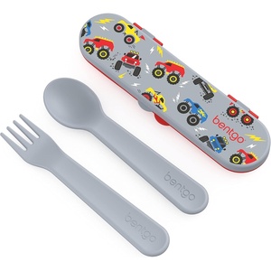 image:imageBentgo Kids Plastic Utensil Set with Fork Spoon amp Storage Case  Reusable PFAS amp BPAFree EasyGrip Handles Lightweight Dishwasher Safe School Travel amp OntheGo SafariTrucks