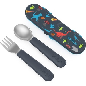 image:imageBentgo Kids Plastic Utensil Set with Fork Spoon amp Storage Case  Reusable PFAS amp BPAFree EasyGrip Handles Lightweight Dishwasher Safe School Travel amp OntheGo PurpleDino