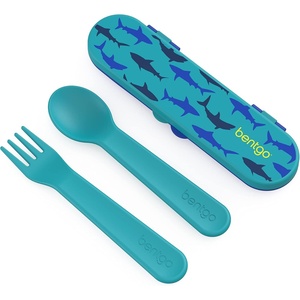 image:imageBentgo Kids Plastic Utensil Set with Fork Spoon amp Storage Case  Reusable PFAS amp BPAFree EasyGrip Handles Lightweight Dishwasher Safe School Travel amp OntheGo SafariSharks
