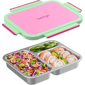 image:imageBentgo Stainless Steel Lunch Box LeakProof 3 Compartments 43 Cups  188 Stainless Steel Tray EasyOpen Clips PFAS amp BPAFree TopRack Dishwasher Safe Ages 3 Gray LeafStrawberry