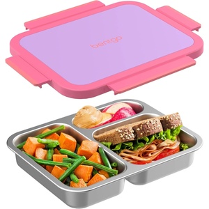 image:imageBentgo Stainless Steel Lunch Box LeakProof 3 Compartments 43 Cups  188 Stainless Steel Tray EasyOpen Clips PFAS amp BPAFree TopRack Dishwasher Safe Ages 3 Gray LeafLilac